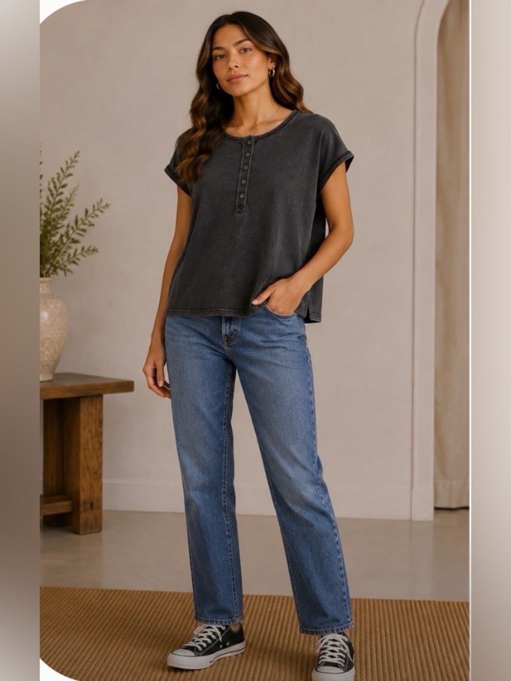 Double Zero Charcoal Short-Sleeve Button Henley Tee